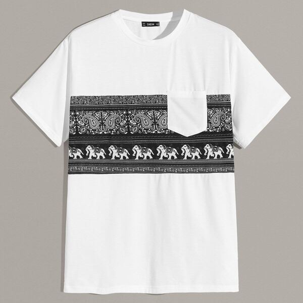 

Men Tribal Print Pocket Patched Tee