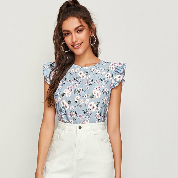 

Floral Print Ruffle Armhole Top, Blue pastel