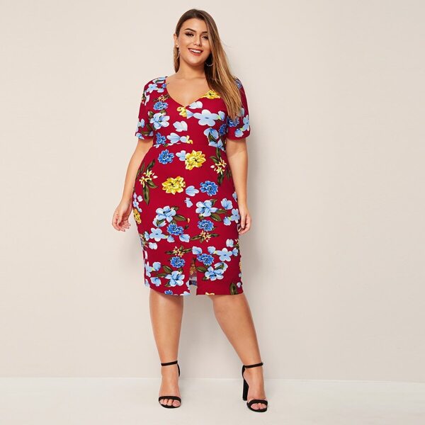 

Plus Floral Print Split Hem Pencil Dress, Burgundy