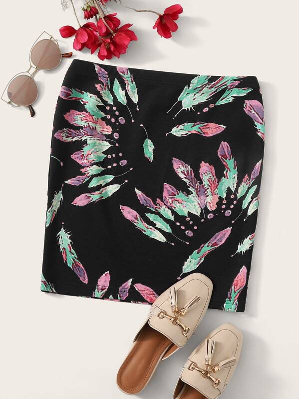 

Leaves Print Skirt, Black