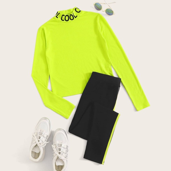 

Neon Lime Letter Print Rb-knit Tee and Leggings Set, Multicolor bright