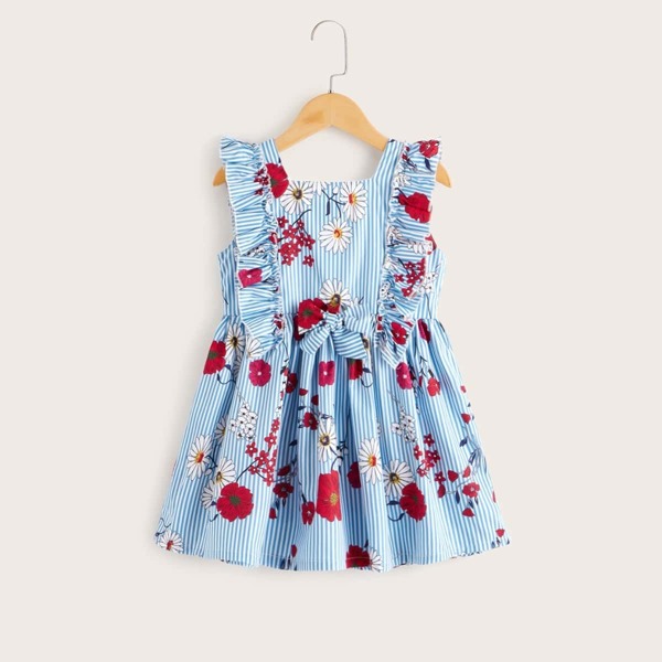 

Toddler Girls Floral Print Frill Bow Front Dress, Blue