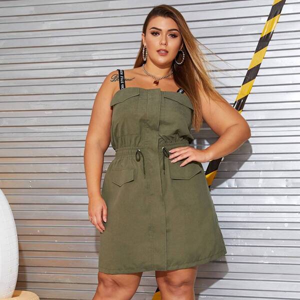 

Plus Drawstring Waist Pocket Side Straps Dress, Army green