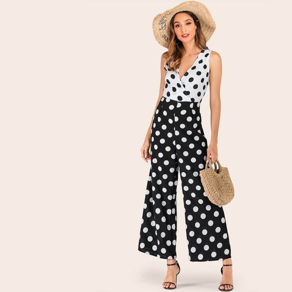 

Two Tone Polka Dot Surplice Wide Leg Jumpsuit