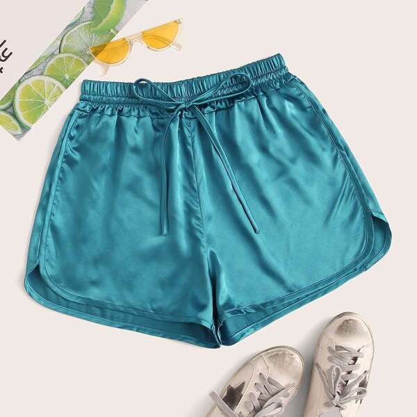 

Drawstring Waist Satin Dolphin Shorts, Blue