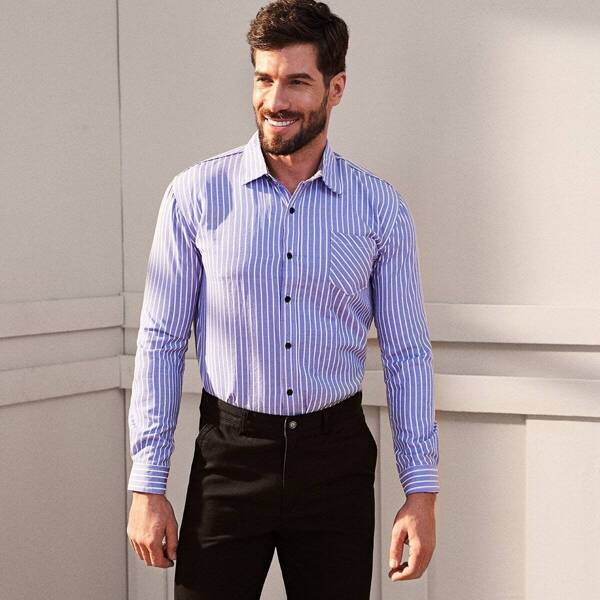 

Men Striped Pocket Button Front Shirt, Blue