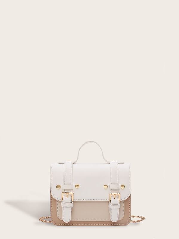 

Color Block Double Buckle Decor Satchel Bag, Multicolor