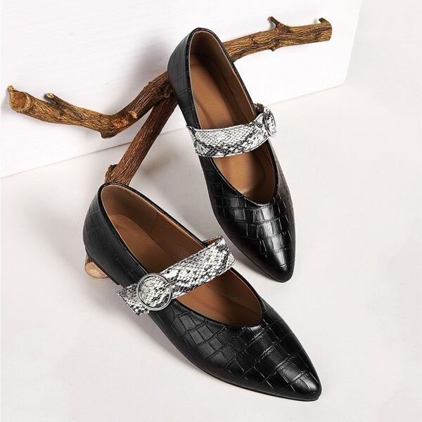 

Croc Embossed Flats With Snakeskin Buckle Strap