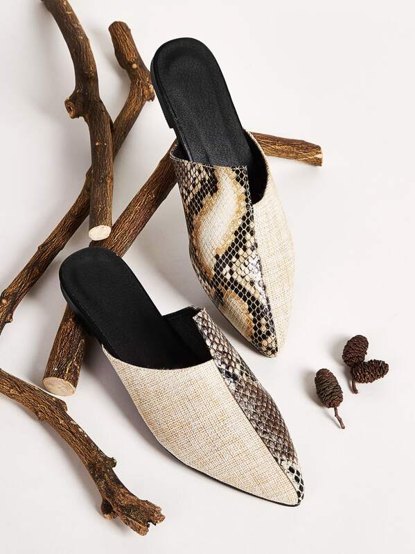 

Point Toe Snakeskin Flat Mules, Multicolor