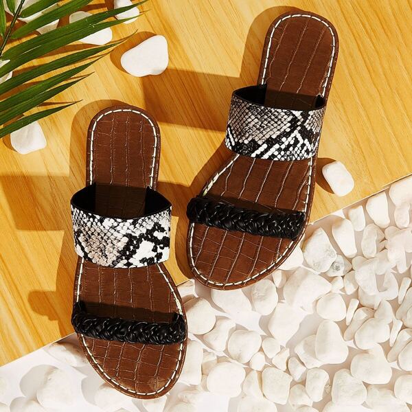 

Braided Detail Snakeskin Print Flat Sliders