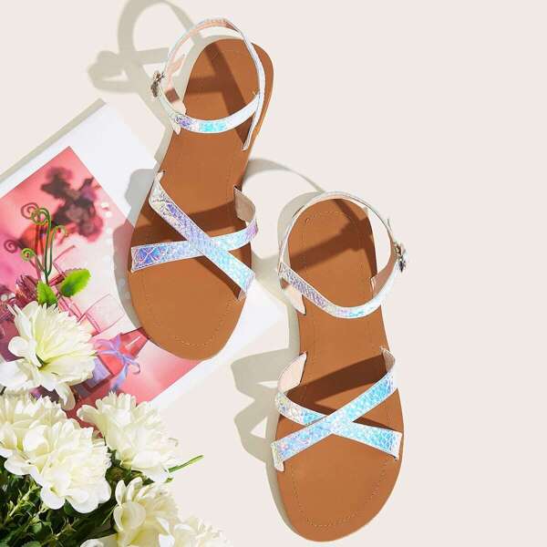 

Cross Strap Iridescent Flat Sandals