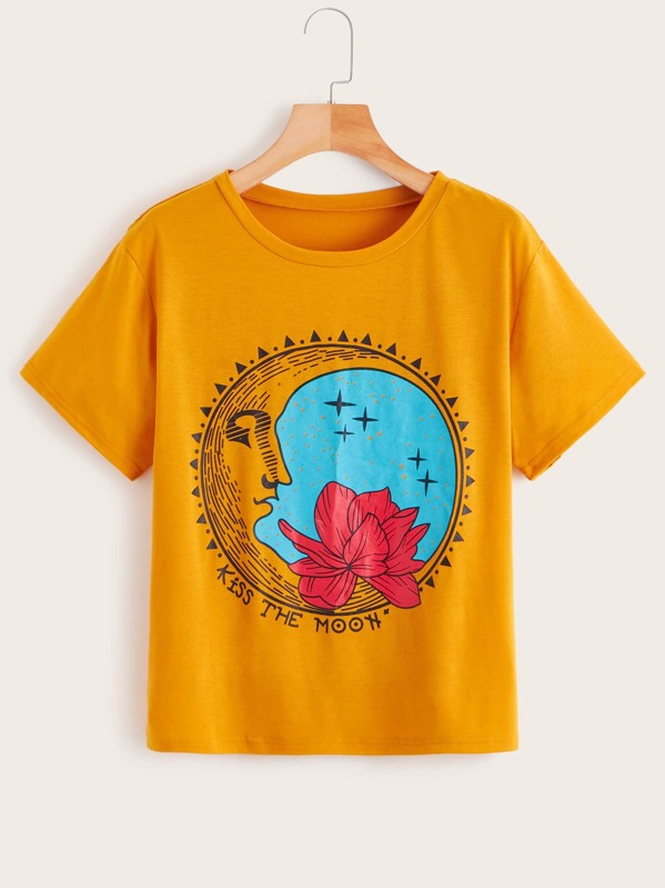 

Floral & Letter Graphic Tee, Yellow