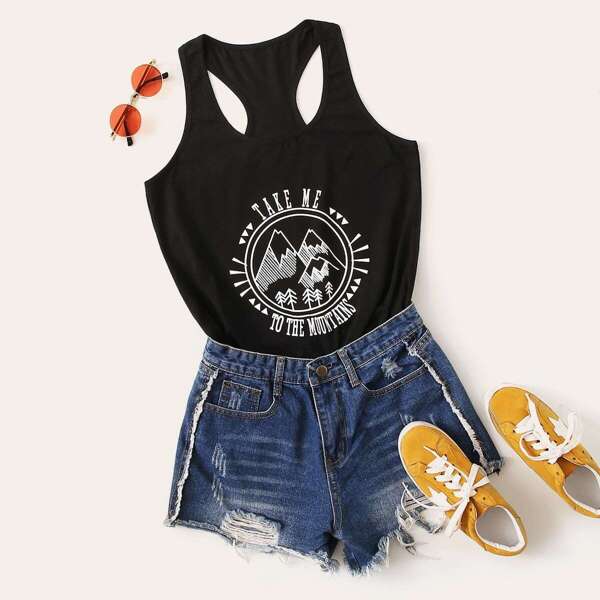 

Landscape & Letter Print Racer Back Tank Top