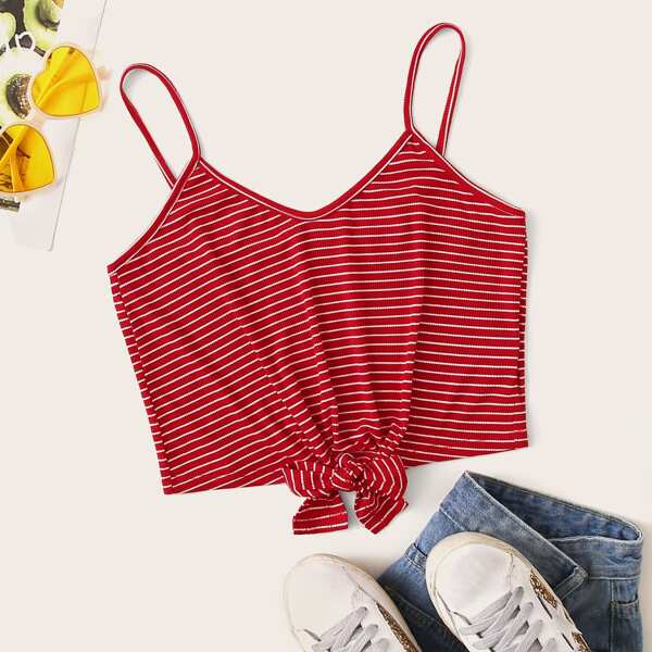 

Striped Tie Front Crop Cami Top, Red