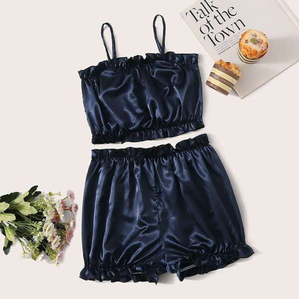 

Frill Trim Satin Cami Pajama Set