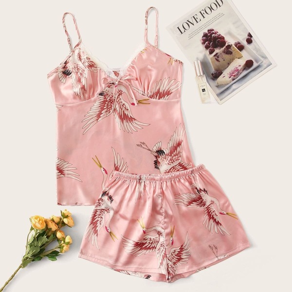 

Crane Print Satin Cami Pajama Set