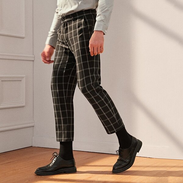 

Men Button Fly Slant Pocket Plaid Dress Pants, Black