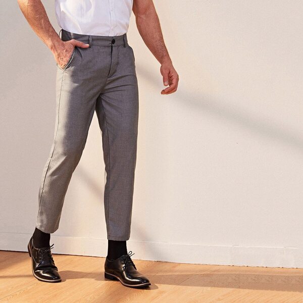 

Men Button Fly Slant Pocket Dress Pants, Grey