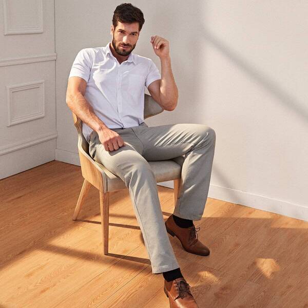 

Men Button Fly Dual Pocket Back Dress Pants, Grey