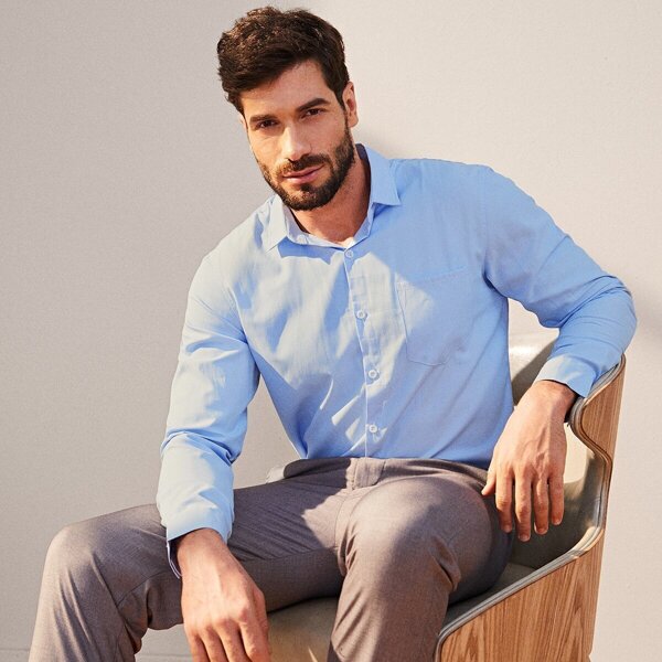 

Men Solid Pocket Button Front Shirt, Blue pastel