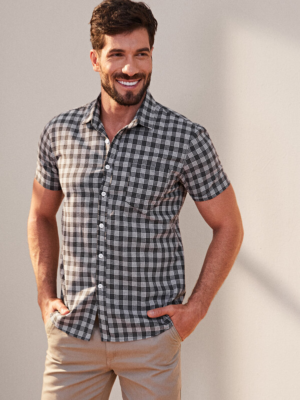 

Men Gingham Button Front Shirt, Black, Roni Maion