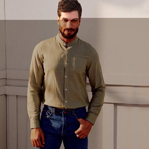 

Men Mock Neck Long Sleeve Solid Shirt