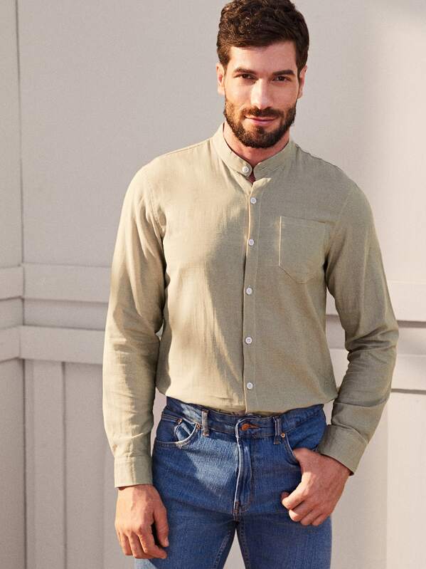 

Men Mock Neck Long Sleeve Solid Shirt, Khaki, Roni Maion