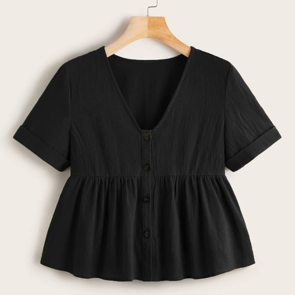 

Button Front Ruffle Hem Somck Blouse, Black