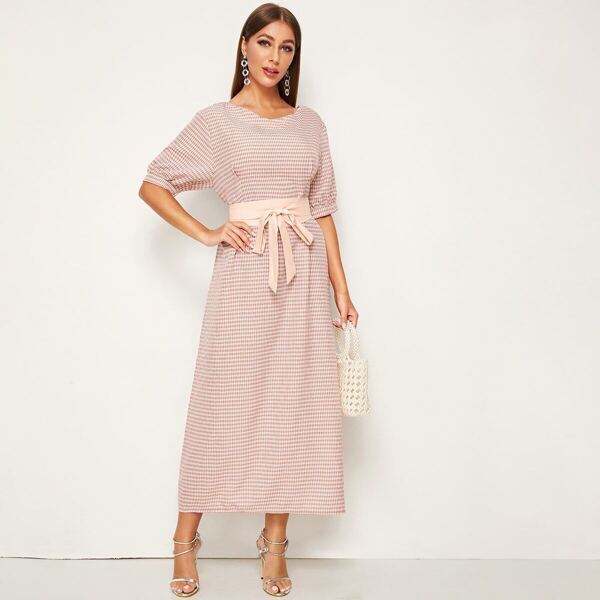 

Gingham Puff Sleeve Belted Dress