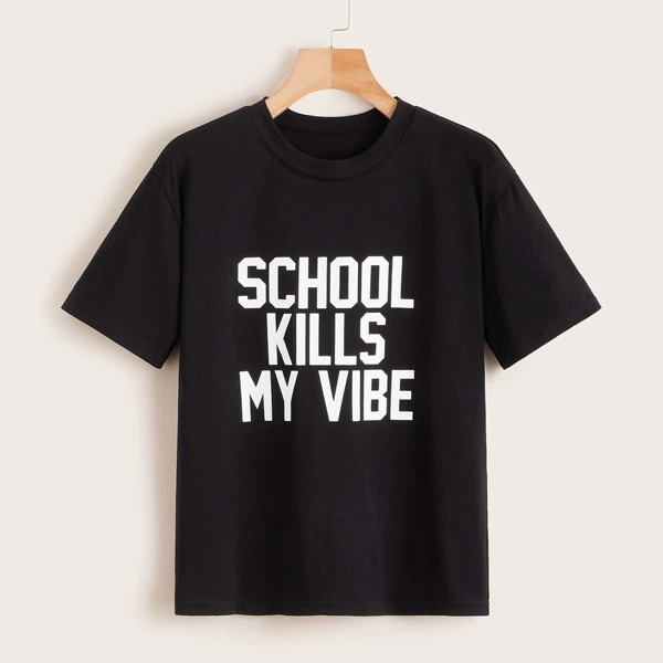 

Slogan Graphic Round Neck Tee, Black