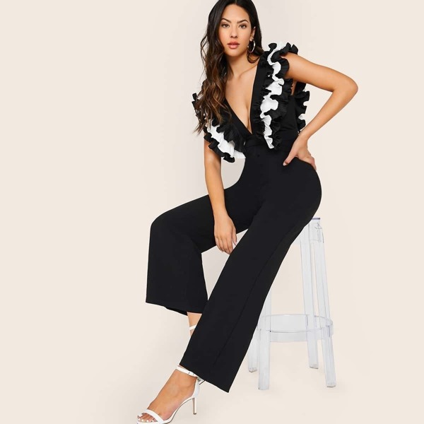 

Plunge Neck Open Back Layered Ruffle Trim Jumpsuit, Black