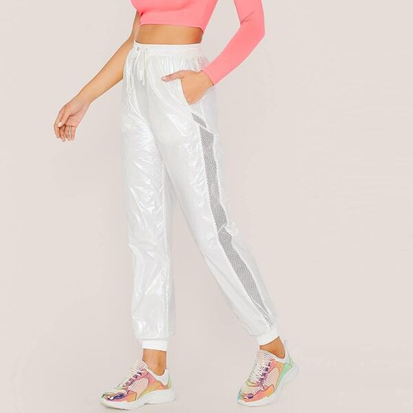 

Drawstring Waist Fishnet Mesh Insert Coated Pants, White