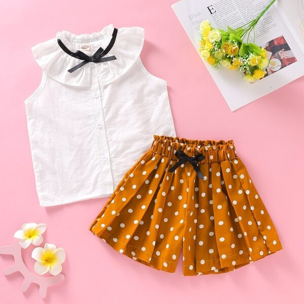 

Toddler Girls Ruffle Trim Bow Blouse With Polka Dot Pleated Shorts, Multicolor