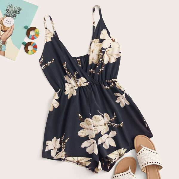 

Surplice Large Floral Print Cami Playsuit, Navy