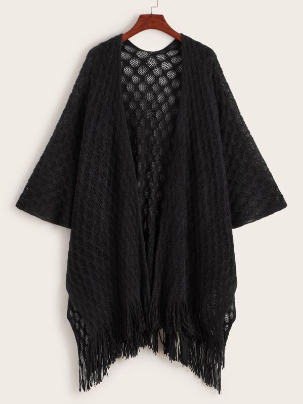 

Fringe Hem Open Front Solid Cardigan, Black