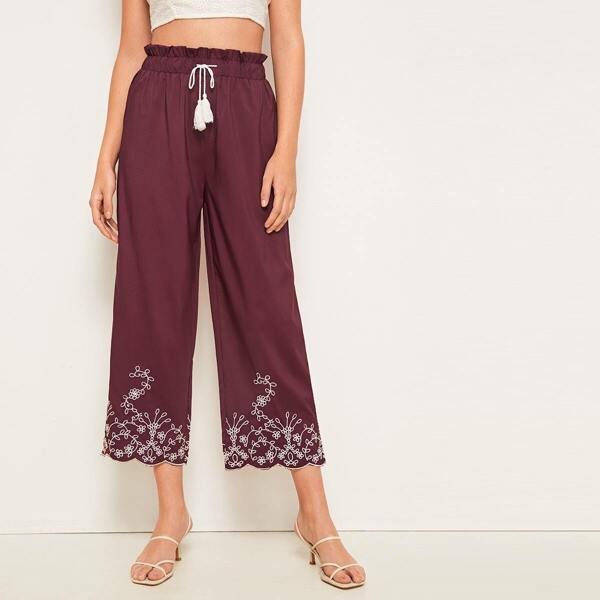 

Drawstring Waist Floral Embroidered Paperbag Pants, Burgundy