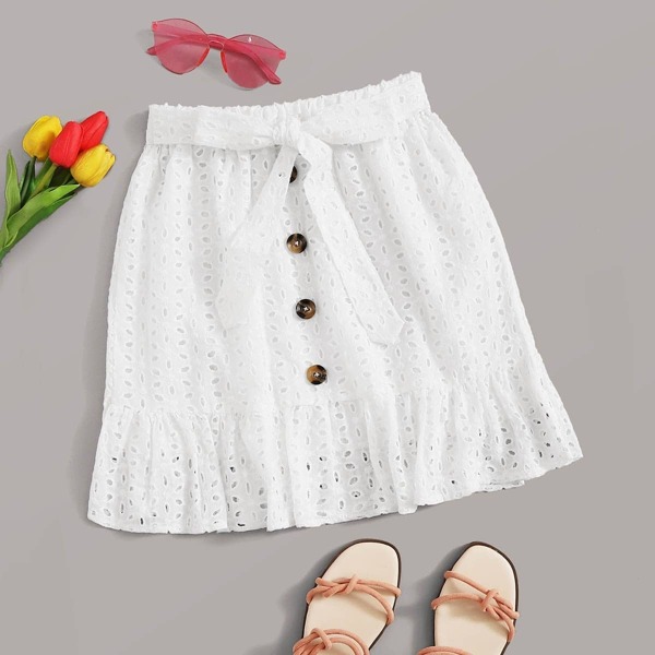 

Eyelet Embroidery Button & Tie Ruffle Hem Skirt