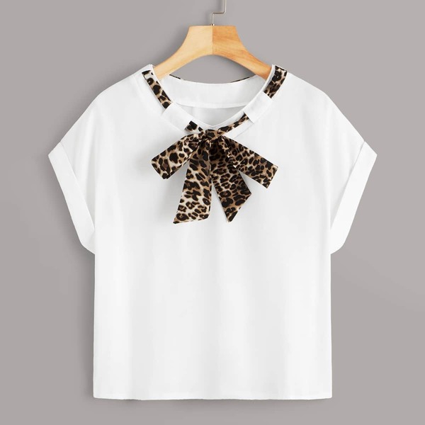 

Leopard Tie Neck Rolled Cuff Tee