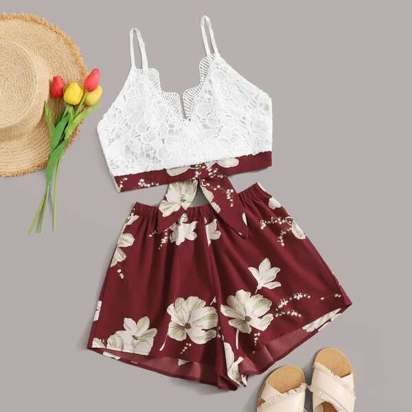 

Lace Panel Tie Back Cami Top With Floral Print Shorts