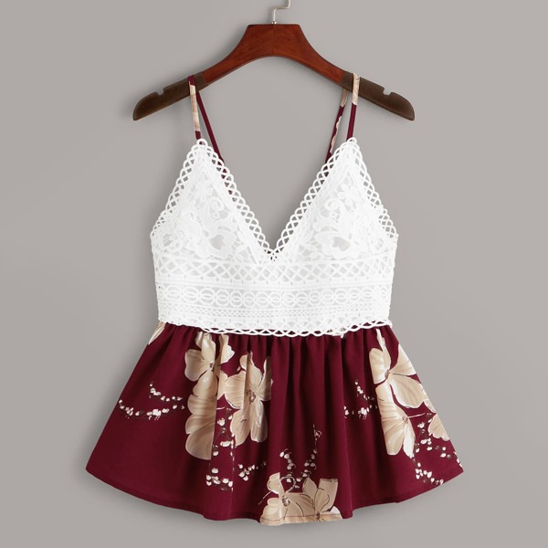

Lace Panel Large Floral Print Tie Back Cami Top, Multicolor