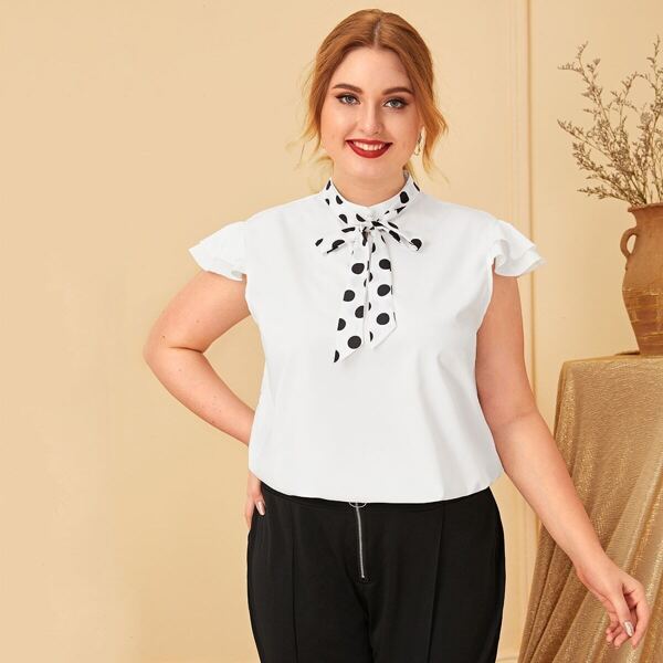 

Plus Polka Dot Tie Neck Ruffle Cuff Blouse