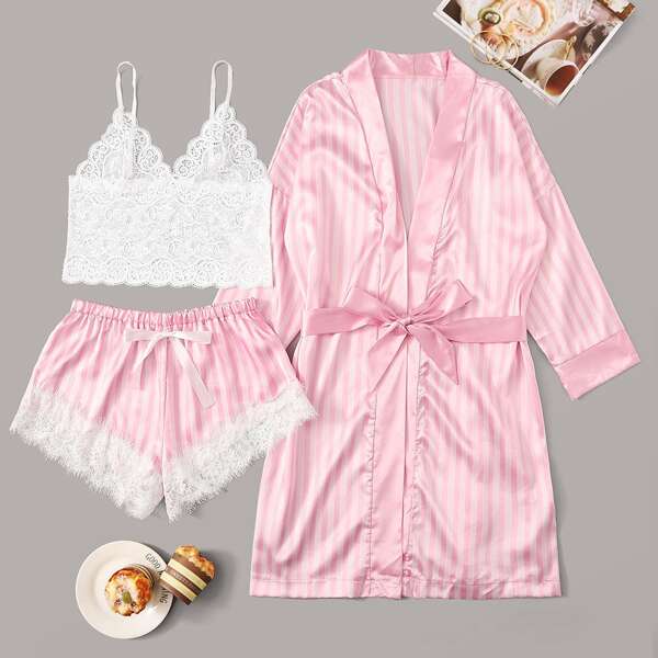 

Floral Lace Striped Lingerie Set With Robe, Baby pink