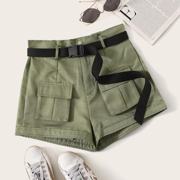 

Flap Pocket Push Buckle Belted Cargo Shorts