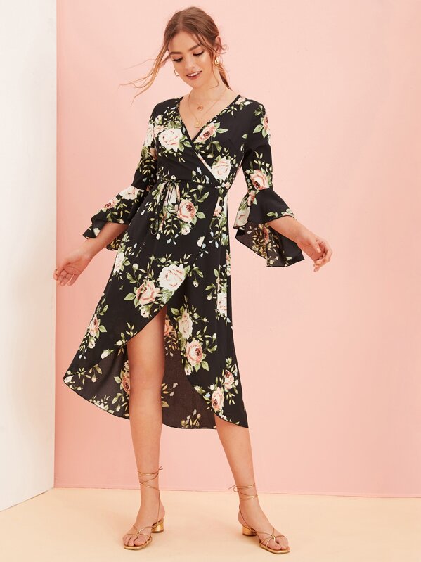 

Floral Print Trumpet Sleeve Tulip Hem Dress, Black, Luiza