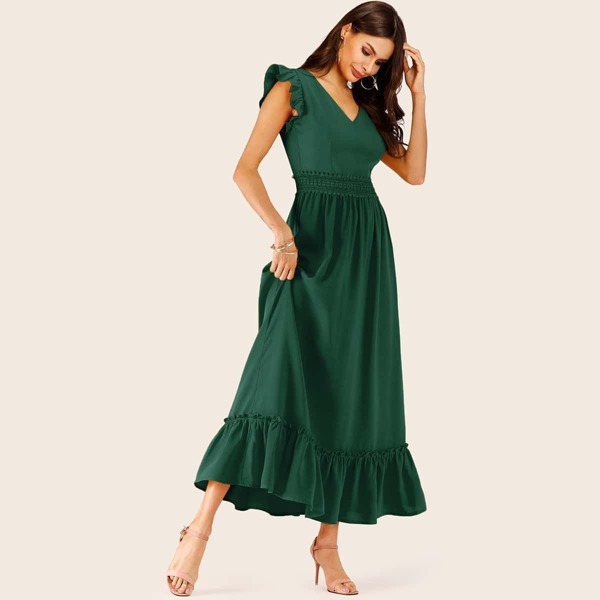 

Solid Contrast Lace Ruffle Hem Longline Dress