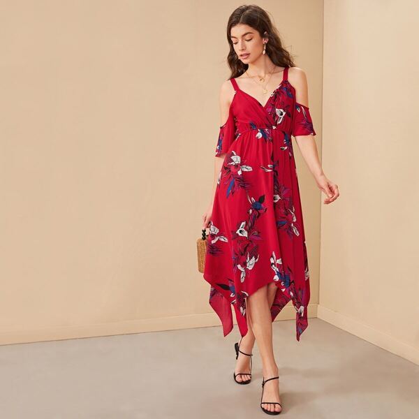 

Floral Print Open Shoulder Hanky Hem Dress, Rose red