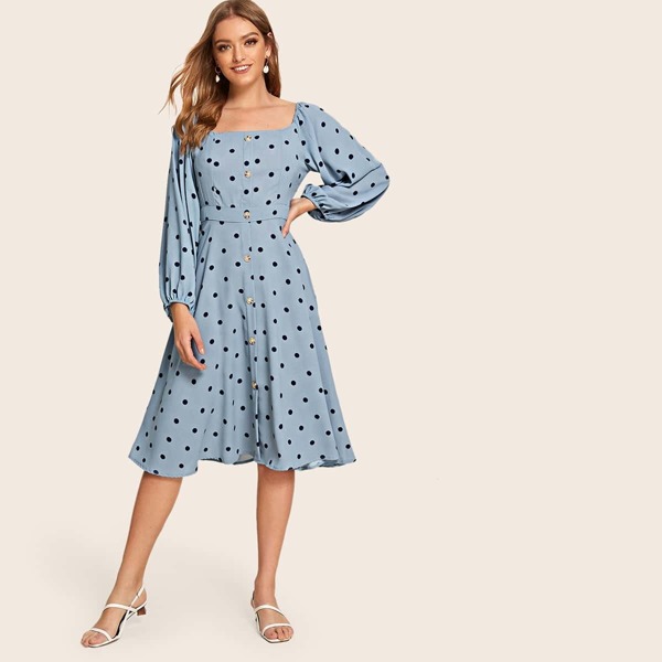 

Polka Dot Button Front Square Neck Dress, Blue