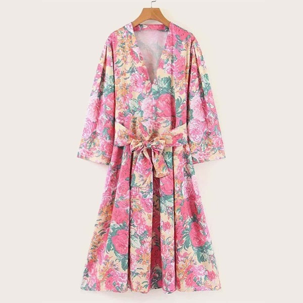 

Floral Print V-neck Belted Dress