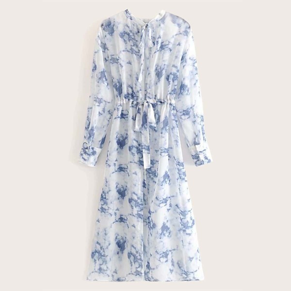 

Tie Dye Tie Neck Drawstring Waist Dress