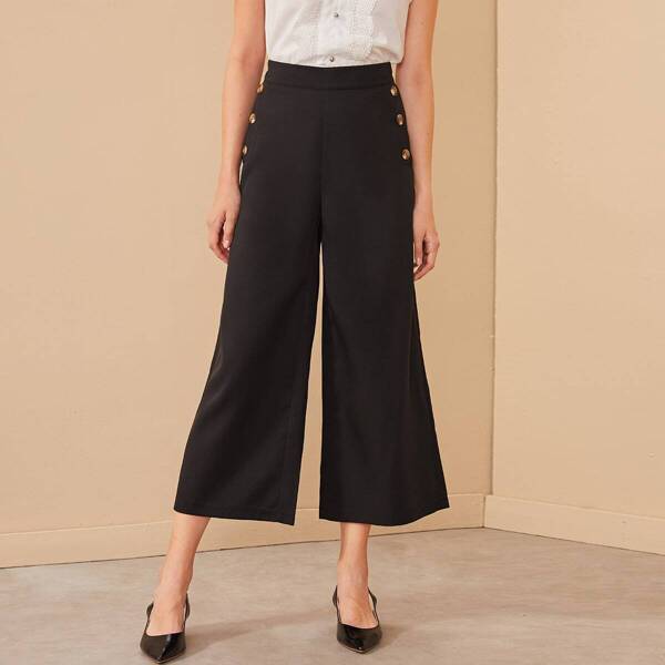 

Side Button Wide Leg Solid Pants